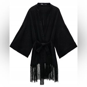 Zara Black Kimono Swim Coverup Fringe 100% Viscose - Womens Size M